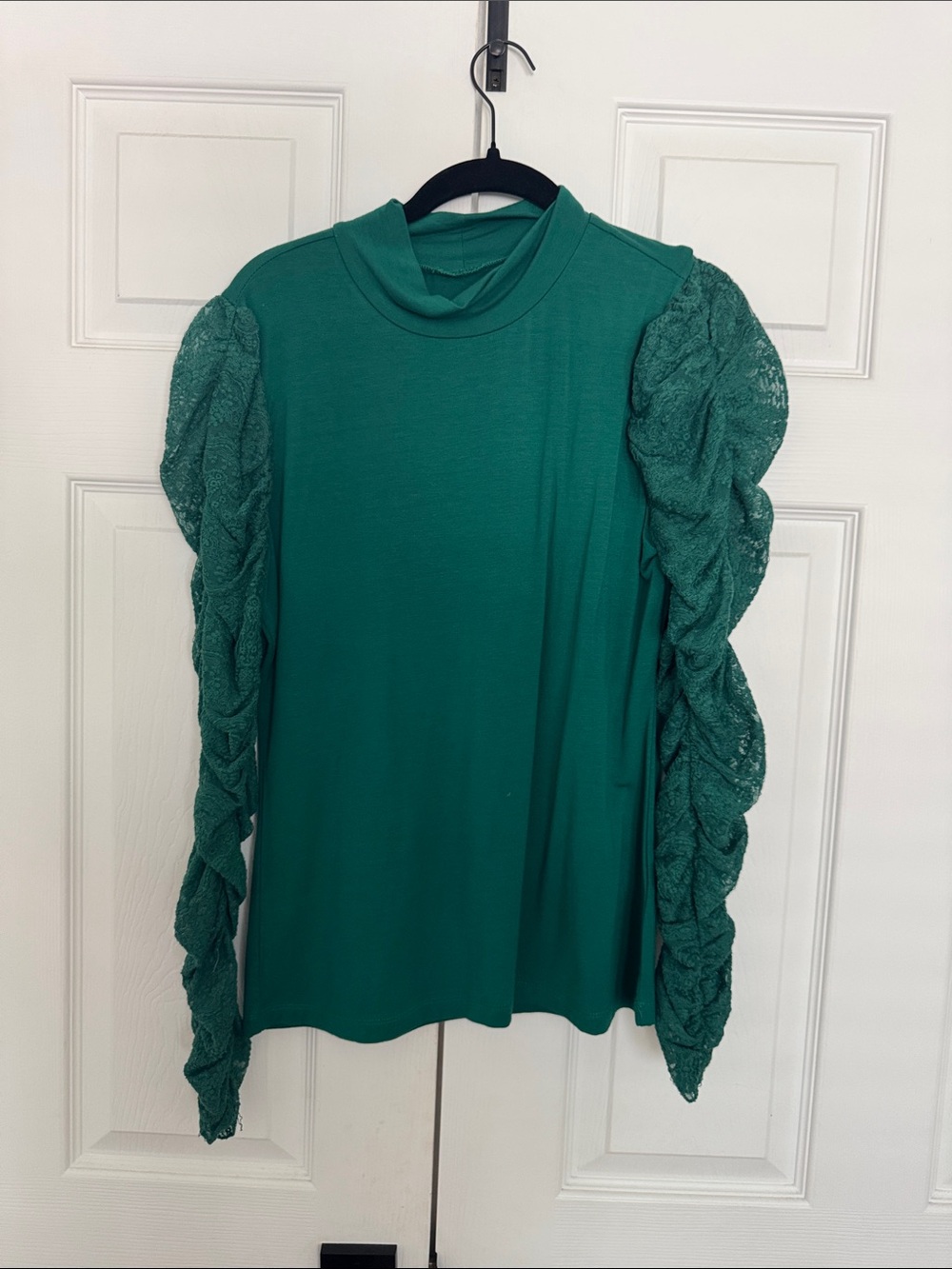 Anthropologie Emerald Green Long Sleeve Top with Braided Lace Sleeves